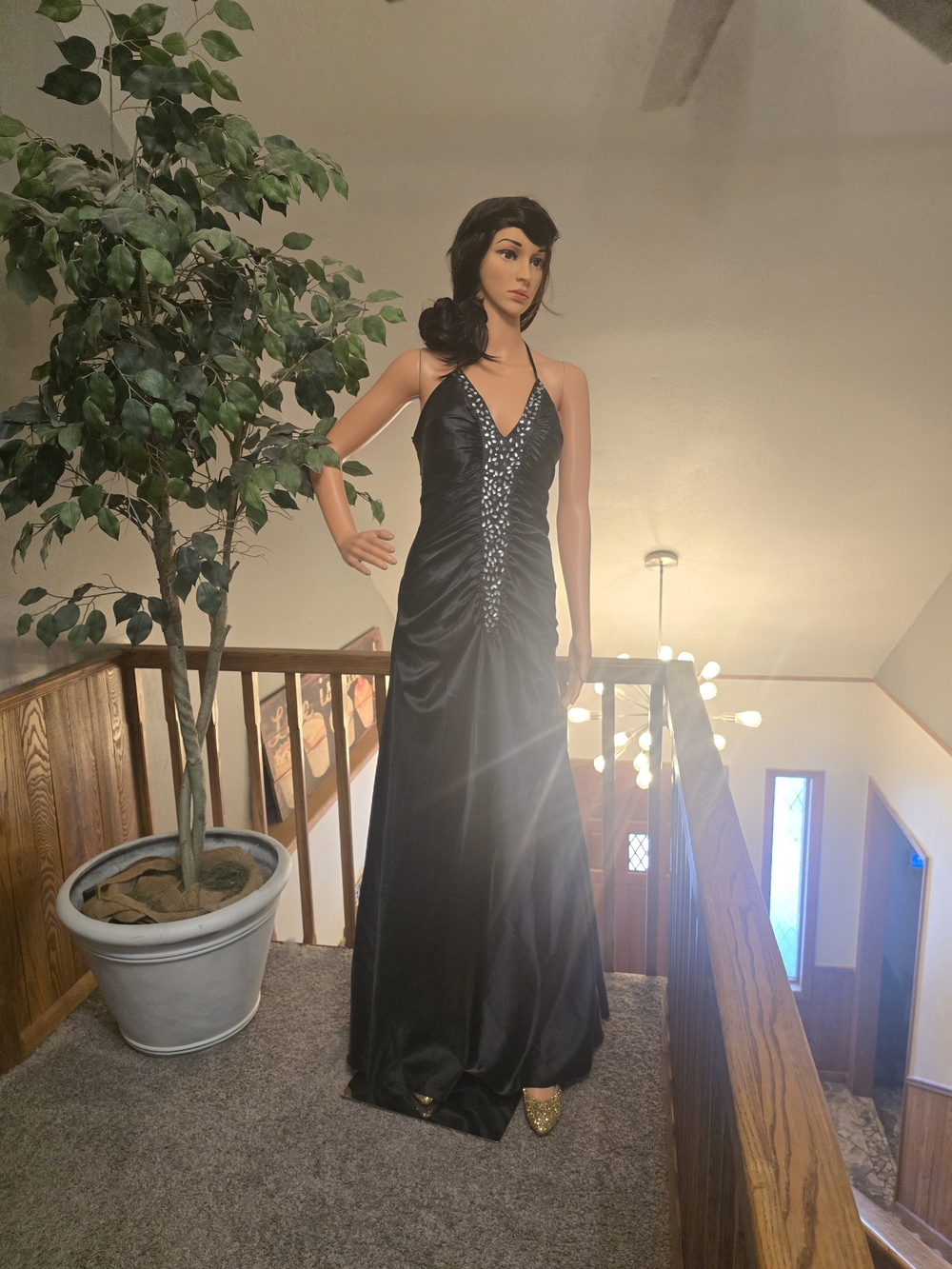 Black Satin Evening Gown with Embellished Bodice Size Large